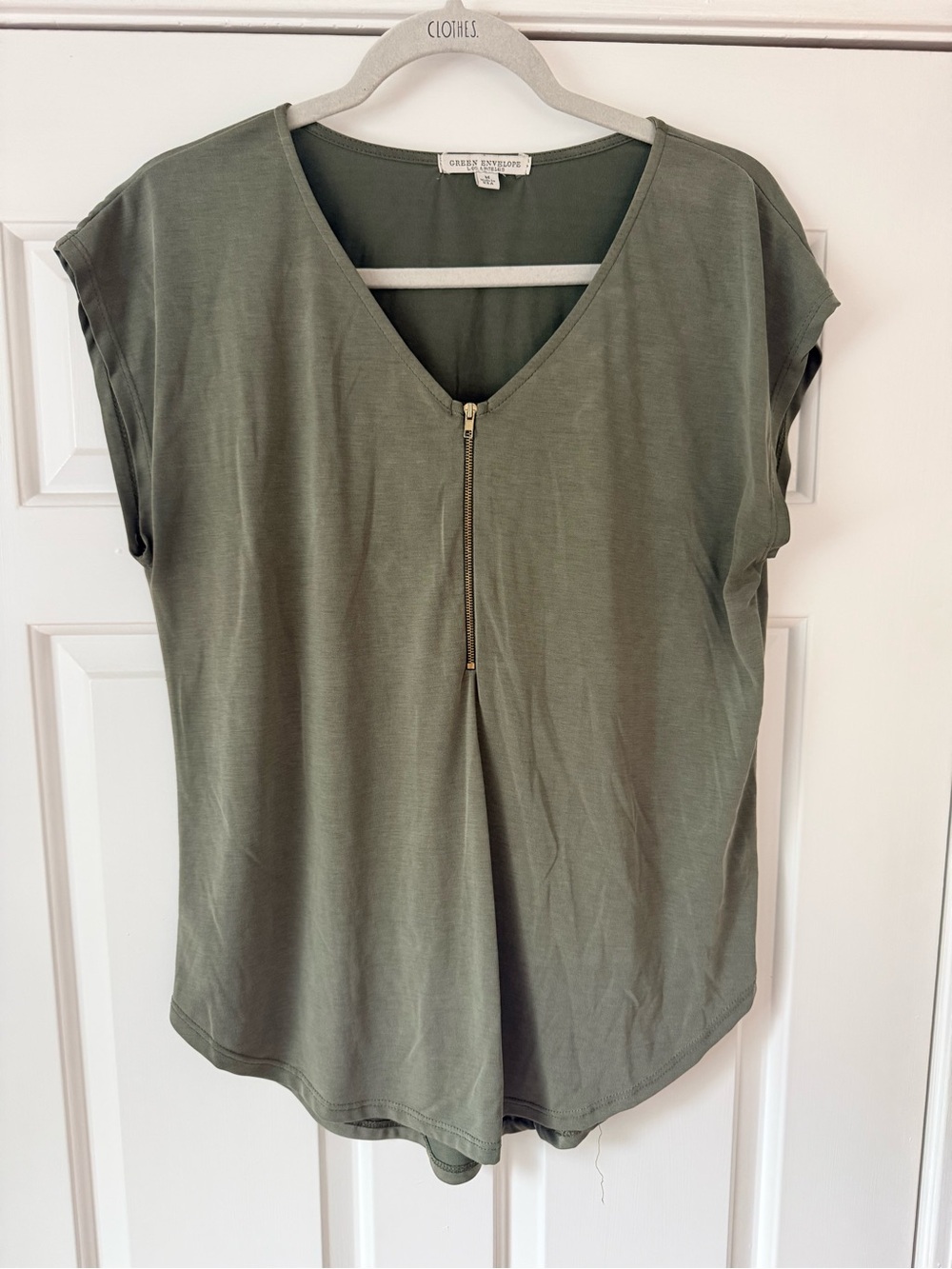 Green Envelope Olive Zip-Front V-Neck Short Sleeve Top